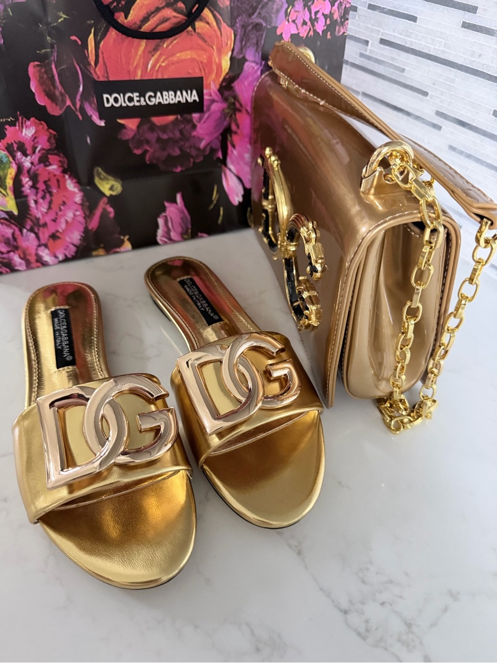 Metallic Gold Patent DG-Emblem Shoulder Bag with Matching Slides size 6 - Picture 8 of 16